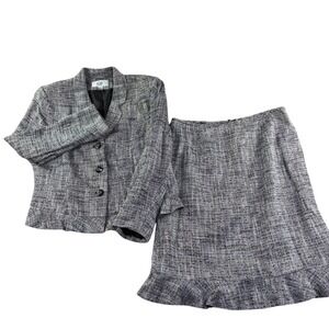 Gray Tweed Skirt Suit 16P Career Office Blazer Classic 2 Piece Chanel Style Chic